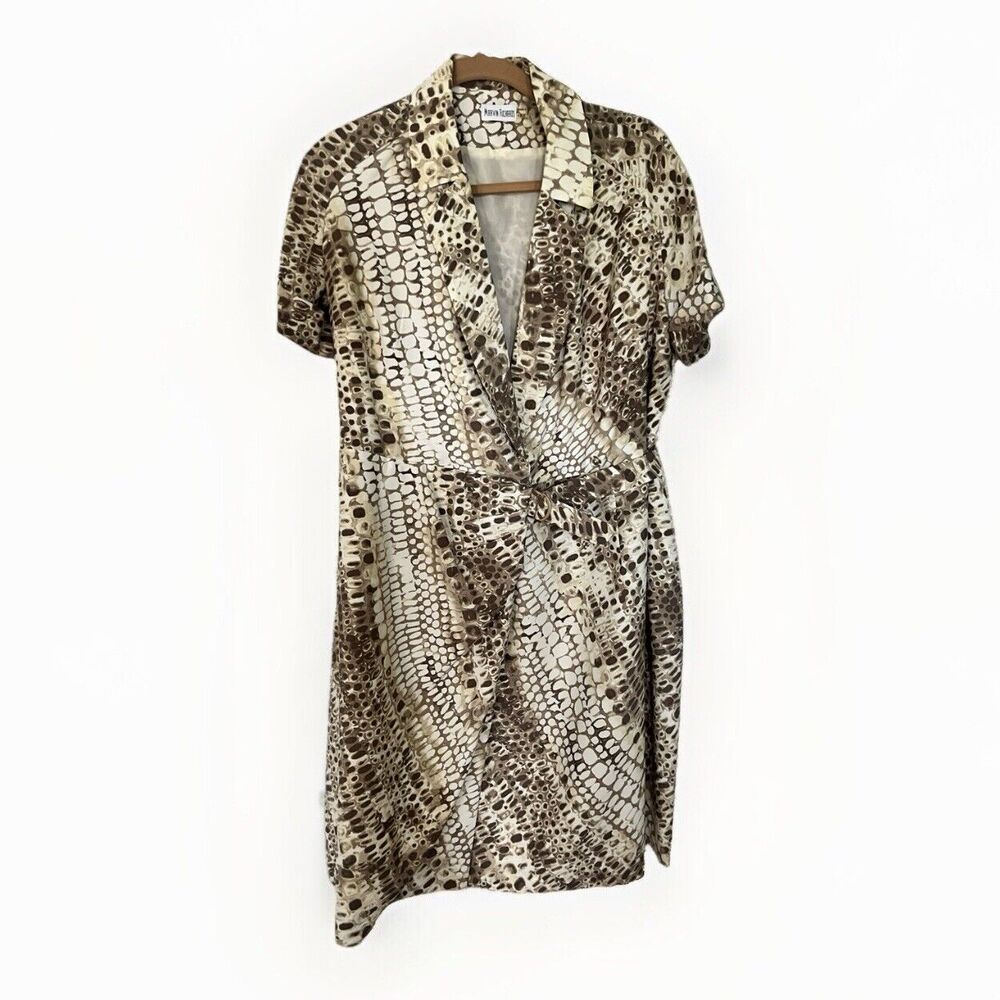 Marvin Richards Mock Wrap Dress Size 12 Animal Print Tan White Ruched Belt